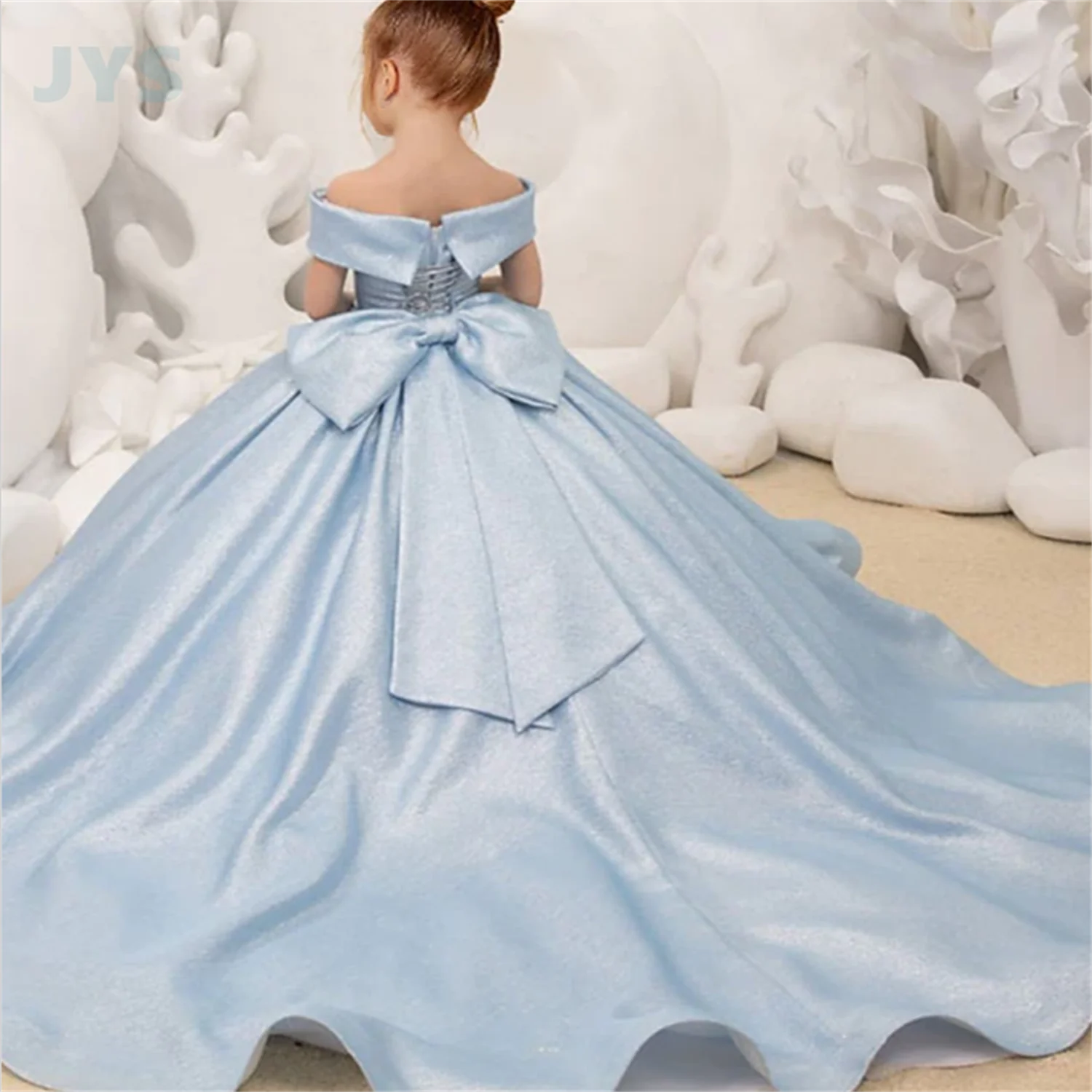 

JYS Light Blue Flower Girl Dresses Elegant Princess Satin Ball Gown For Kids Birthday Party Simple Bow First Communion Bandage