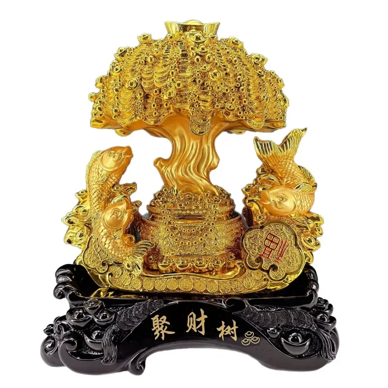 Resin Gold Coin Tree with Carp Statue Feng Shui Home Decor Lucky Wealth Ornament for Living Room Office Desktop Decoration
