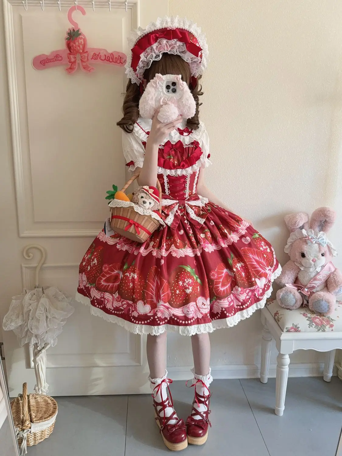 اليابانية الحلو لوليتا الفراولة الحمالة فستان المرأة Kawaii لطيف طباعة Jsk تأثيري فساتين حفلات الأميرة فستان خمر