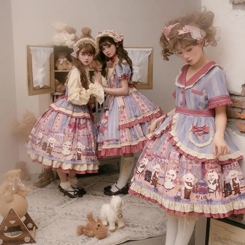 

Coalfel Vintage Cute Doll Lolita Puppy Cafe Lolita Retro Cute Printed Skirt Autumn/Winter JSK Big Skirt Hem OP Dress