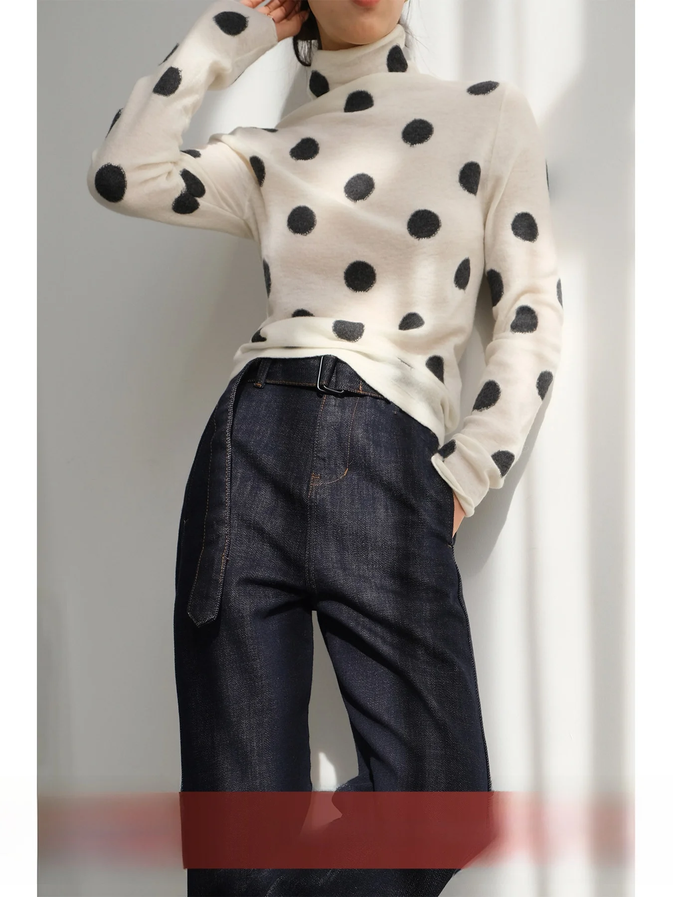 

Женская шерстяная трикотажная кофта с высоким воротником, длинным рукавом, облегающая, в горошек, зимняя, для ношения под одеждой, базовый слой, для повседневной носки