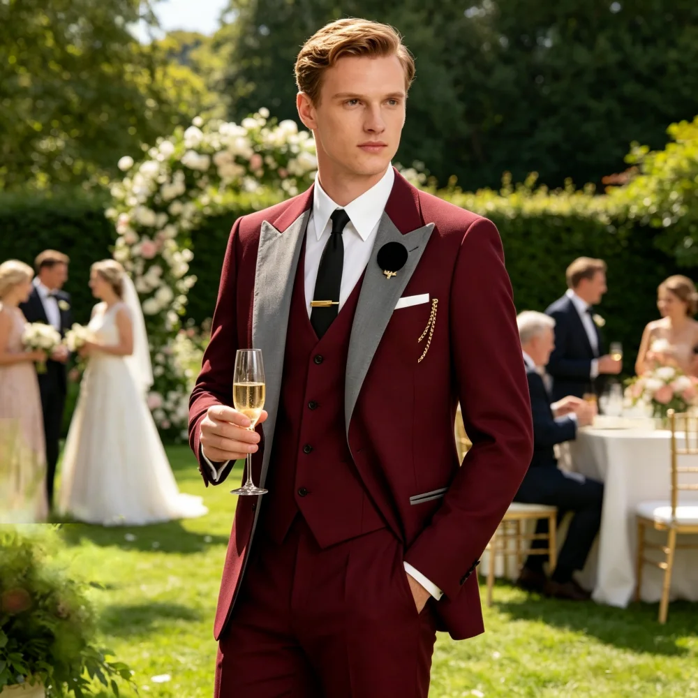 

Men's 3-Piece Suit with Black Lapel US Size Formal Tuxedo for Groom Business And Wedding - Jacket Vest And Pants Ensemble