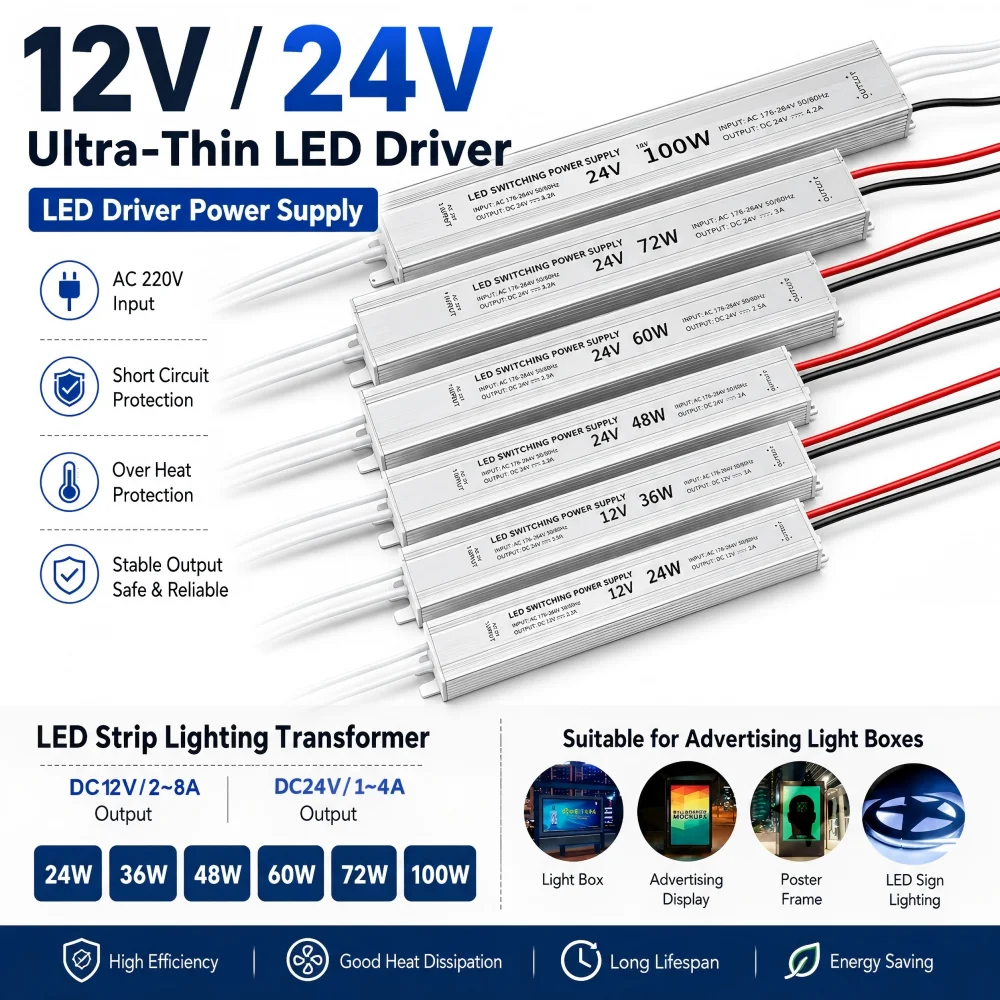 12V/24V Ultrathin Switching Power LED Driver Power Supply AC 220V Lighting Transformer for LED Strip 24W 36W 48W 60W 72W 100W