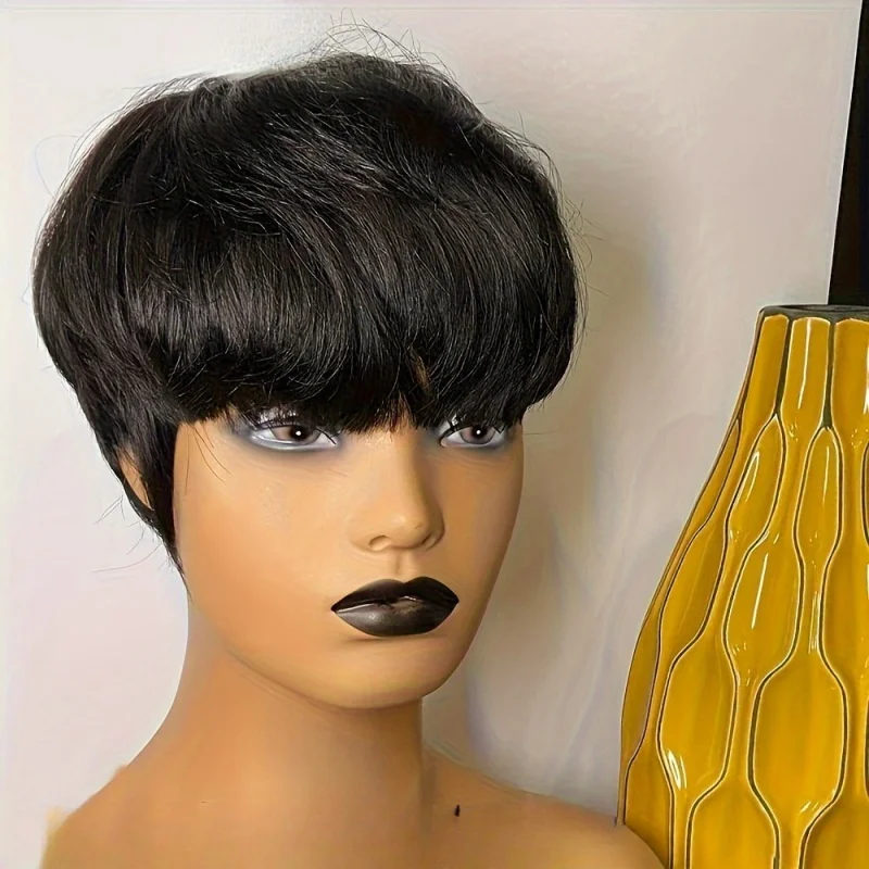 Pixie Cut Wig with Bangs 100% Brazilian Remy Human Hair Natural Black Short Bob Style Full Machine Made wig