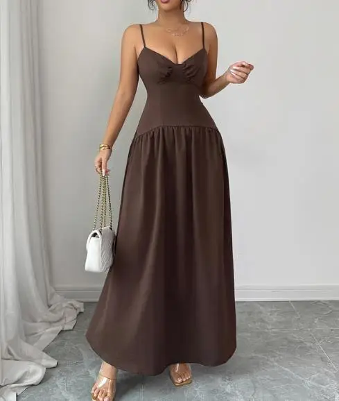 

Elegant Women's Summer V-Neck Waist Cinched Backless Lace Up Sleeveless Camisole Dress Suitable for Parties and Gatherings