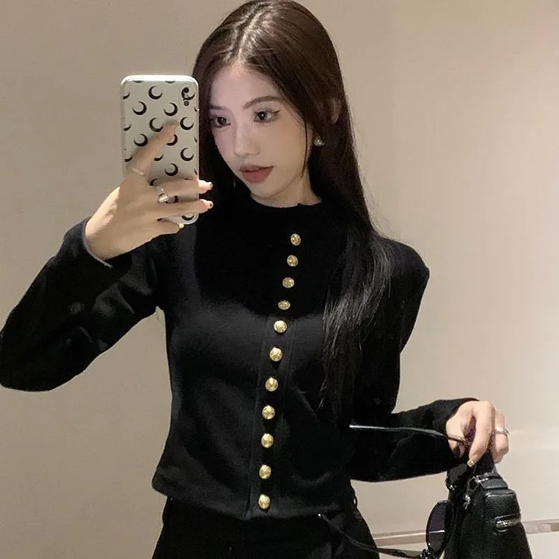 Black Sweet Women Crop Cardigan Korean Fashion Slim Long Sleeve Button Tops Autumn New Casual All Match Female White Blouse Top