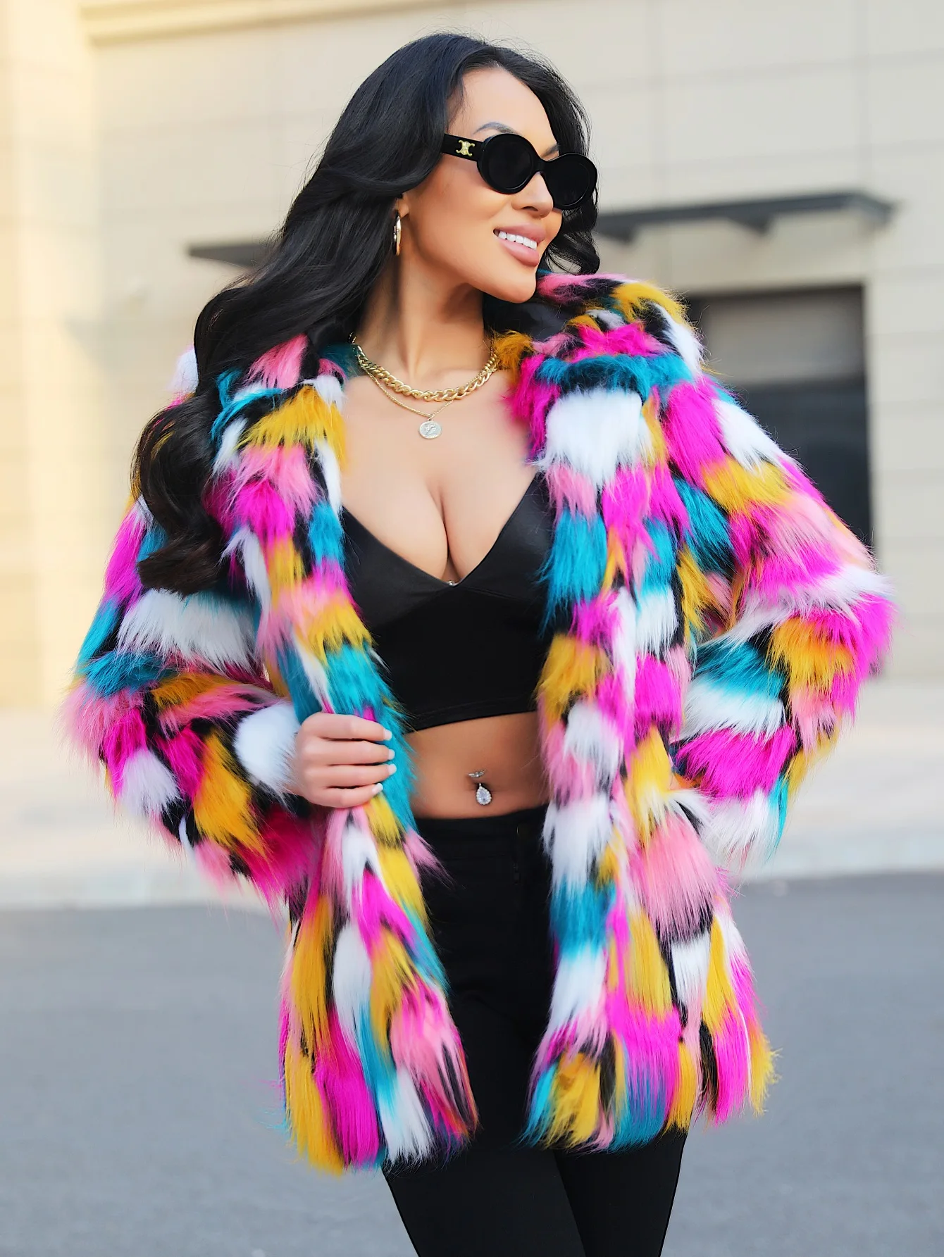 Women's Bold Warm Faux Fur Jacket Thicken Hooded Hidden Button Casual Loose Soft Color Blocking Outwear Winter Chic  Coat