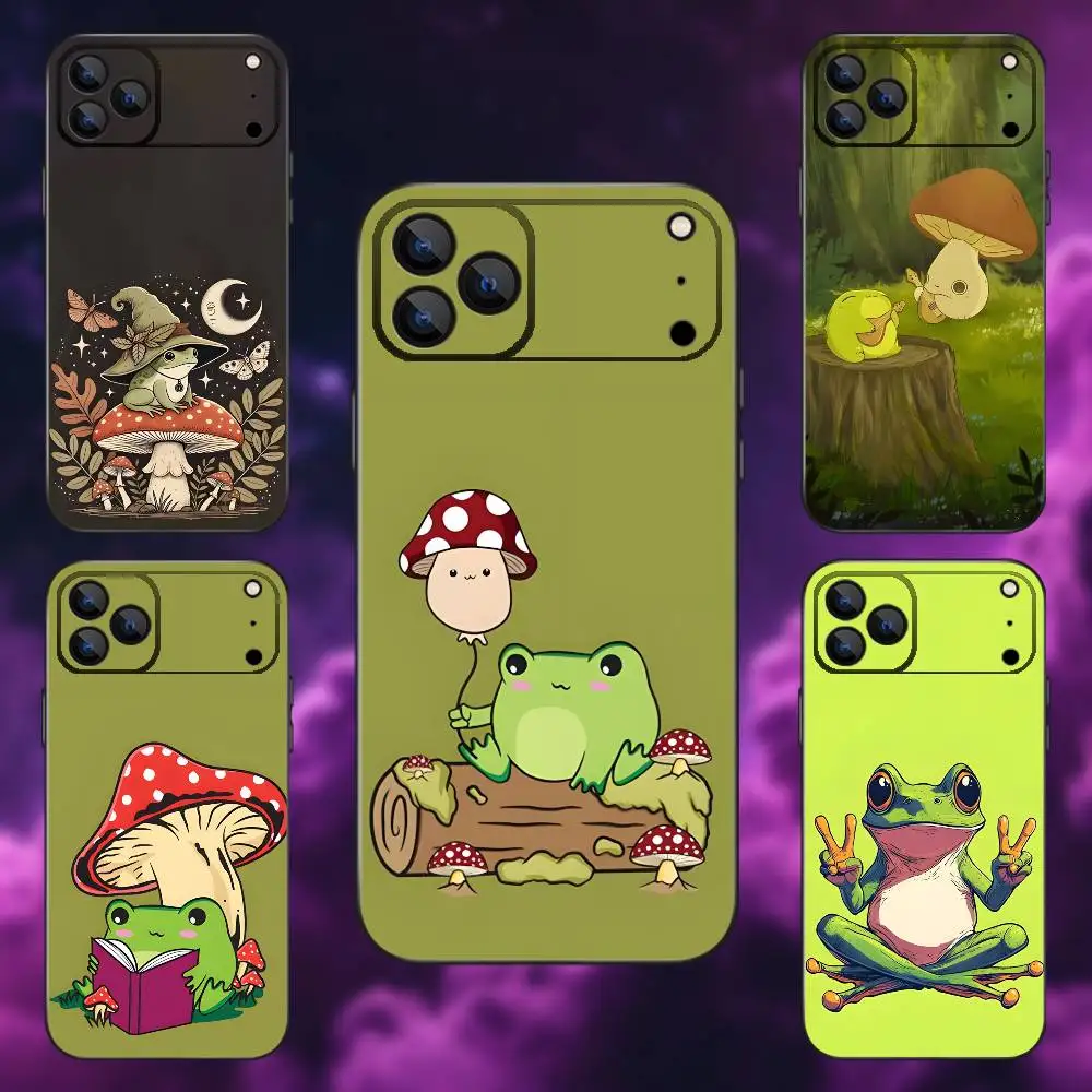 

Cottagecore Frog Mushroom Phone Case For iPhone 17,16,15,14,13,12,Pro,Max,Plus,E,SE4,Air,Mini Black Soft Box