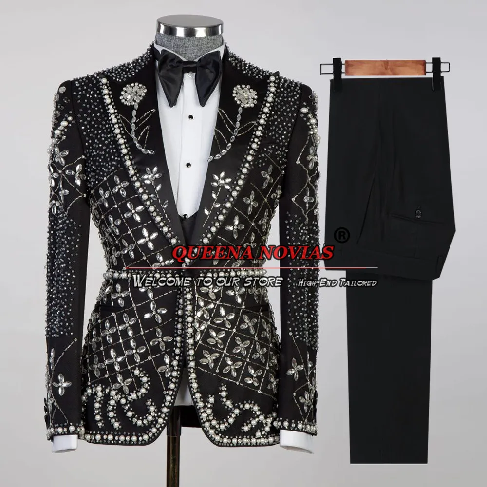 Groom Wedding Suits Luxury Crystals Beading Blazer Pants 2 Pieces Men's Suit Slim Fit Business Man Banquet Party Tuxedo Dress