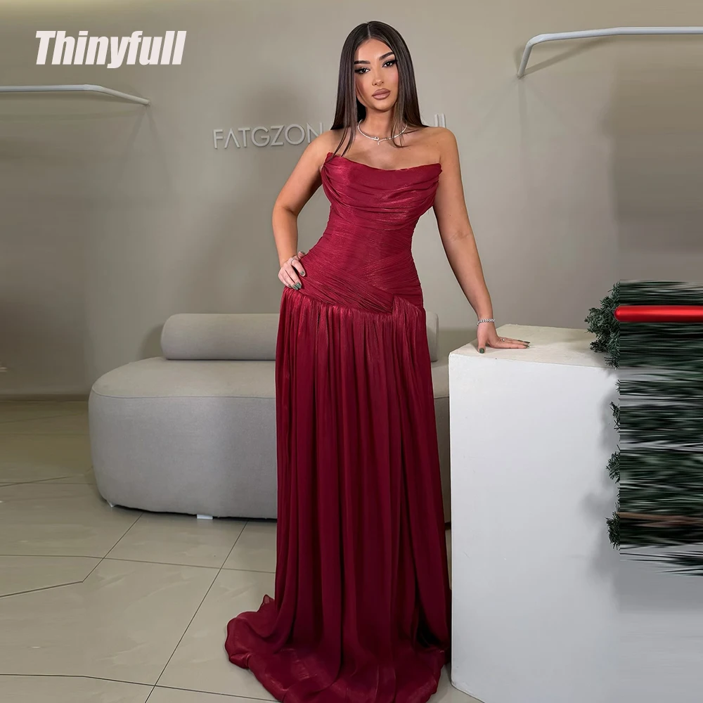 

Thinyfull A-line Arab Prom Dresses Strapless Sleeveless Shiny Satin Evening Gown Long Formal Dress robes de soirée Customized