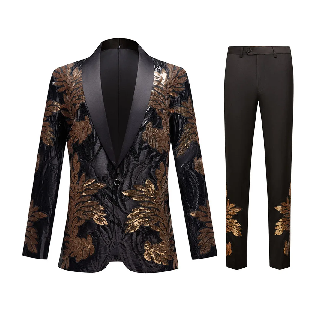 

Men's Fashion Applique Sequins Suit Gold Black Embroidery Blazer Pants two-piece Wedding Banquet Singer Host Tuxedo Dress