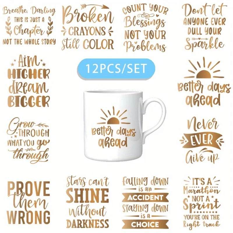 12PCS/SET Golden Inspirational Text DIY Skinny Tumblers Wrap Decorative Transfer Paper UV DTF High Self-adhensive Wraps