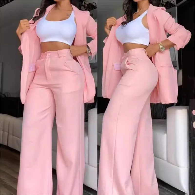 Women\'s Elegant Jacket Coat Two-piece Suit Solid Color Split Sleeve Lapel Suit With Pockets Straight Pants Suit Women Clothing