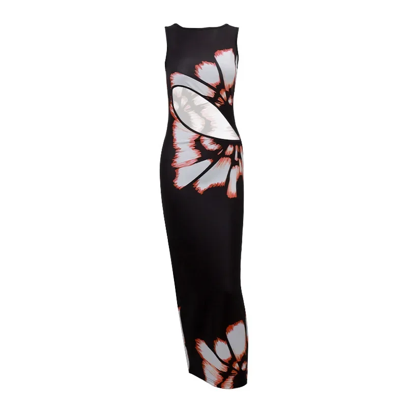 

Black Dresses Women Summer O-Neck Sleeveless Sexy Clubwear Hollow Out Maxi Dress Fashion Print Casual Elegant Slim Female Dress