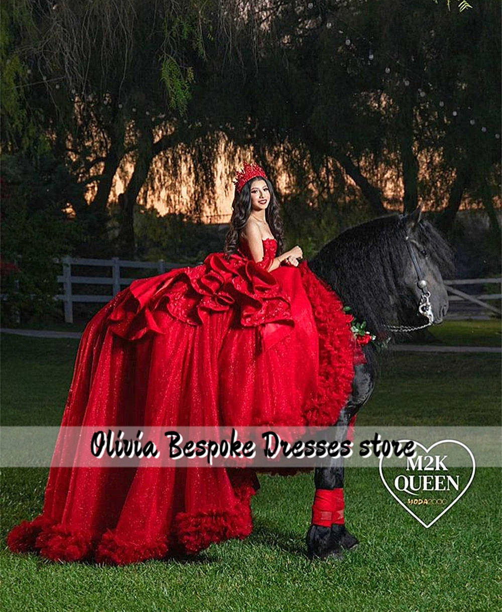 Vestidos de quinceañera con volantes y lazo rojo, Apliques de encaje con cuentas, vestido de baile de tren fruncido de tul, vestido de fiesta de boda mexicano