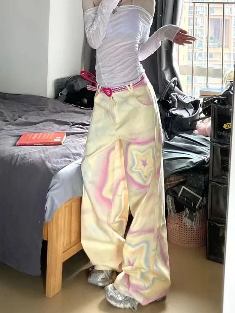 

Y2k sweet Women Harajuku Jeans Baggy Star Graffiti Denim Pants Cyber Punk Hip-pop Tie Dye Goth Streetwear Japanese Streetwear