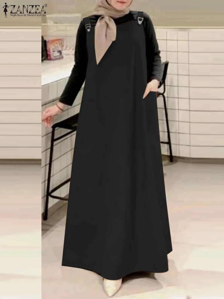 ZANZEA Loose Islamic Pinafore Robes Muslim 2025 Summer Daily Wear Casual Women's Overall Dress Hijab Solid Suspender Vestidos