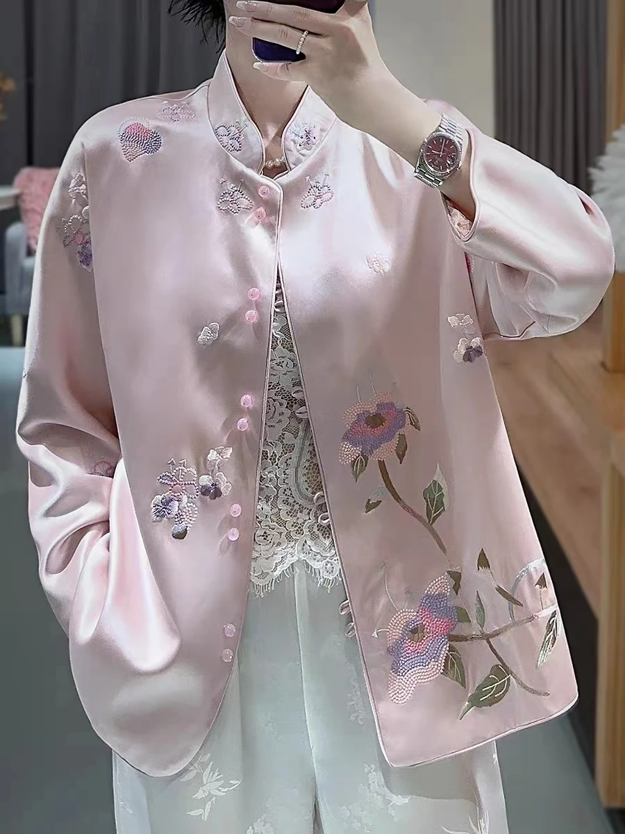 High-End  Autumn New Acetate Embroidered Flower Women\'s Stand Collar Double Breasted Soft And Smooth Lady Jacket S-XXL