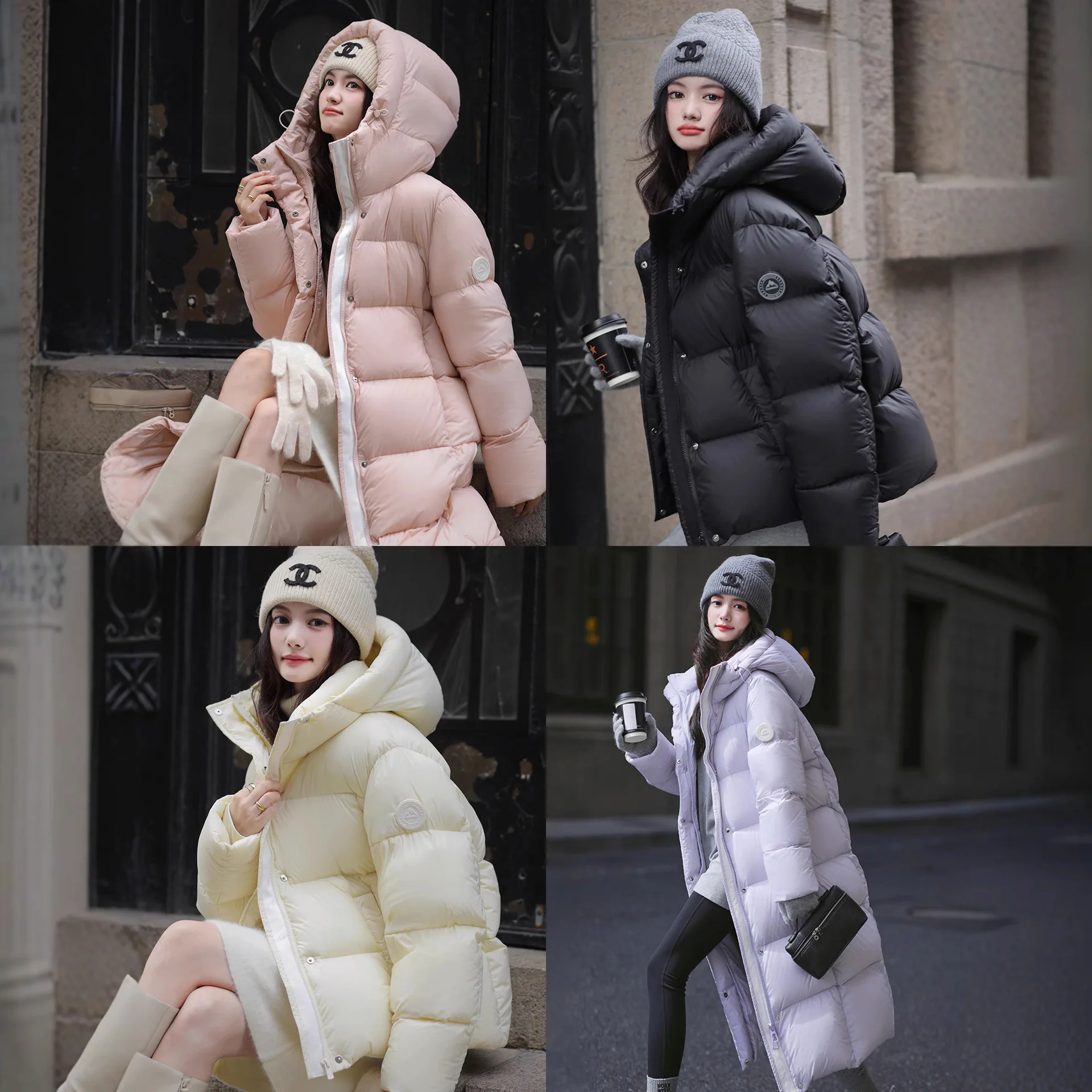 سترة بغطاء للرأس طويلة وقصيرة مقاومة للبرودة للنساء في شتاء 2025، طراز جديد عصري مع حزام ذراع سميك وأبيض