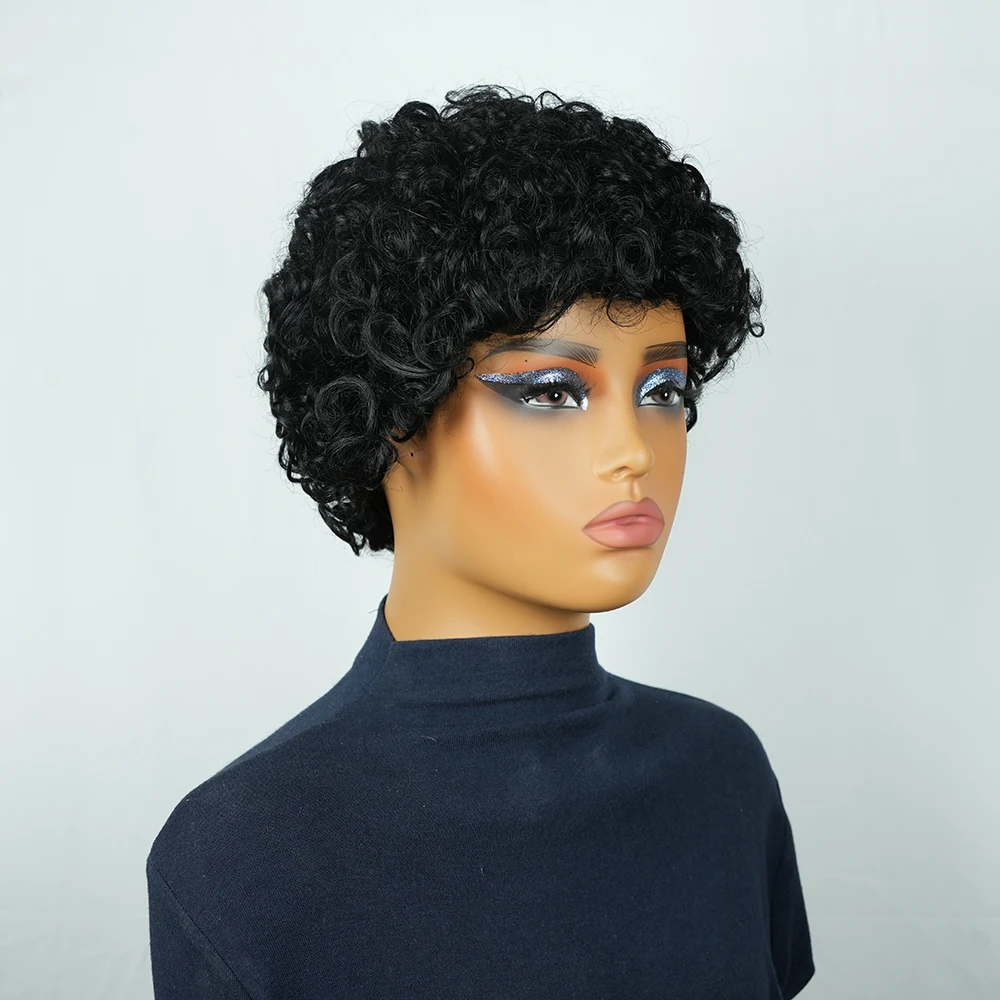 ピクシーカットウィッグ人毛ショートカーリー人毛ウィッグ女性用黒安価人毛ウィッグフルマシングルーレスピクシーカーリーウィッグ