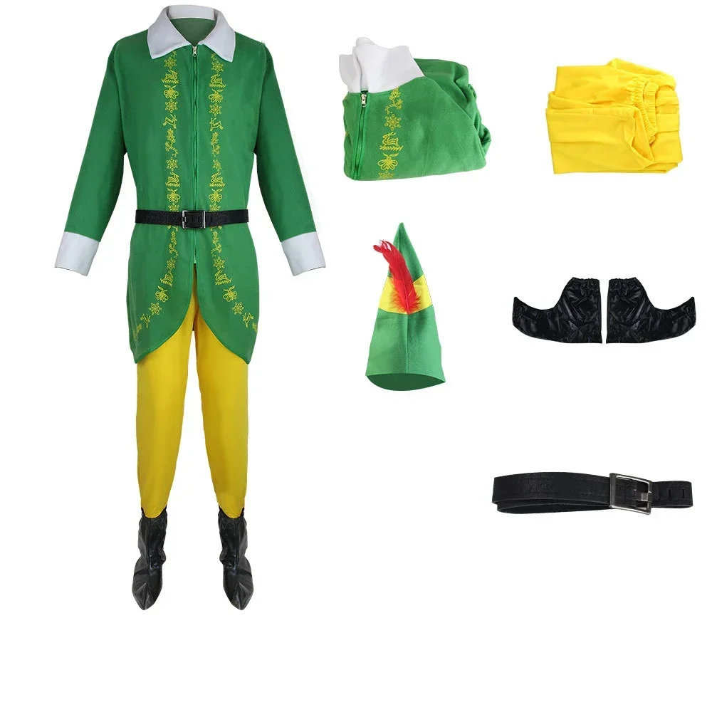 

New Christmas Elf Costume Christmas Buddy Santa Claus Green Suit Hat Coat Pants Men Outfit Xmas New Year Adult Clothes Set