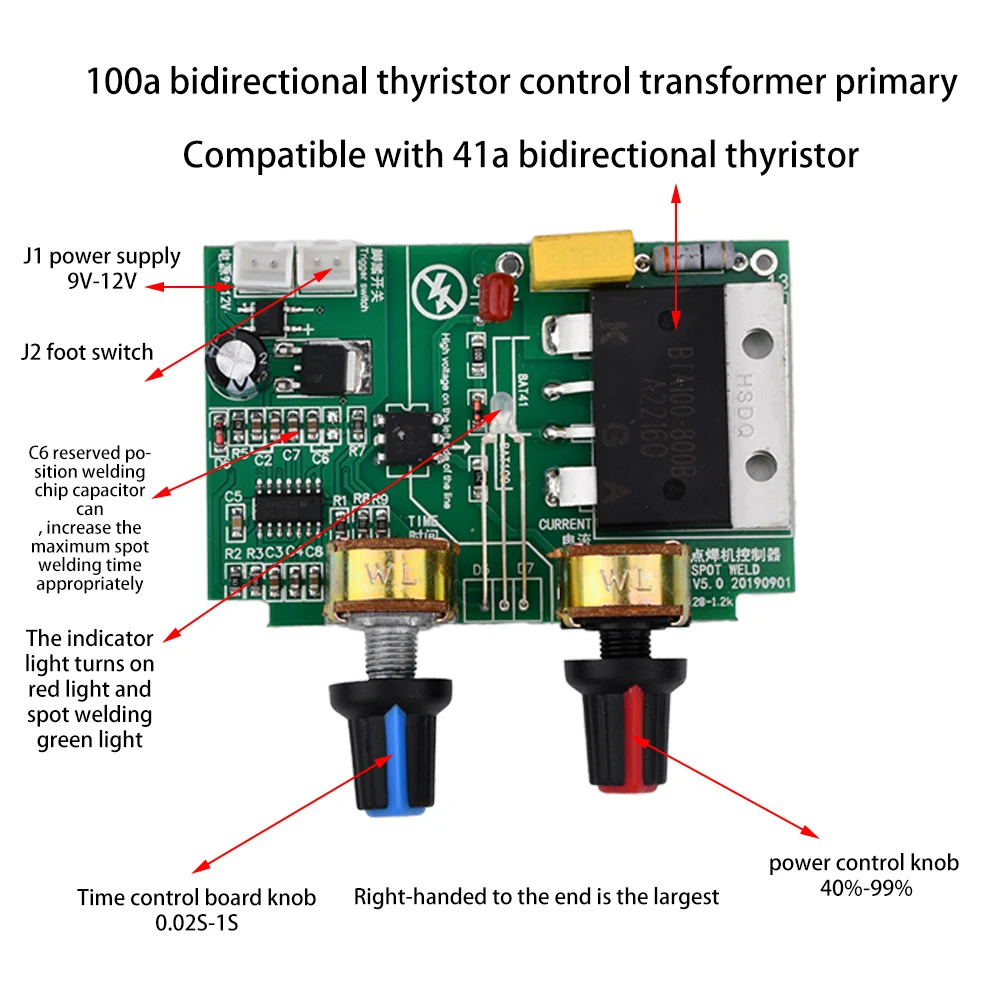 40A/100A DIY Spot Welding Machine Time and Current Control Board Spot Welder AC 110V 220V to 9V Transformer Controller Board