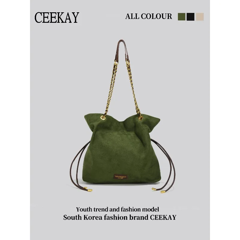 

2026 New CEEKAY Suede Drawstring Tote Bag, Elegant Shoulder Bag with Chain Strap, Vintage Hobo Bag for Women Handbags Tote Bags