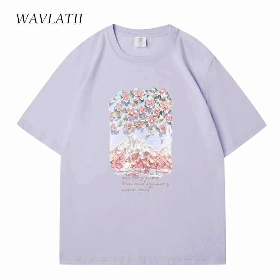 WAVLATII Women 100% Cottom Summer T shirts Female Lavender Streetwear Printed Tees Lady Green Casual Short Sleeve Tops WT2328