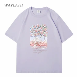 WAVLATII 女性綿 100% 夏の Tシャツ女性ラベンダーストリートプリント Tシャツレディグリーンカジュアル半袖トップス WT2328