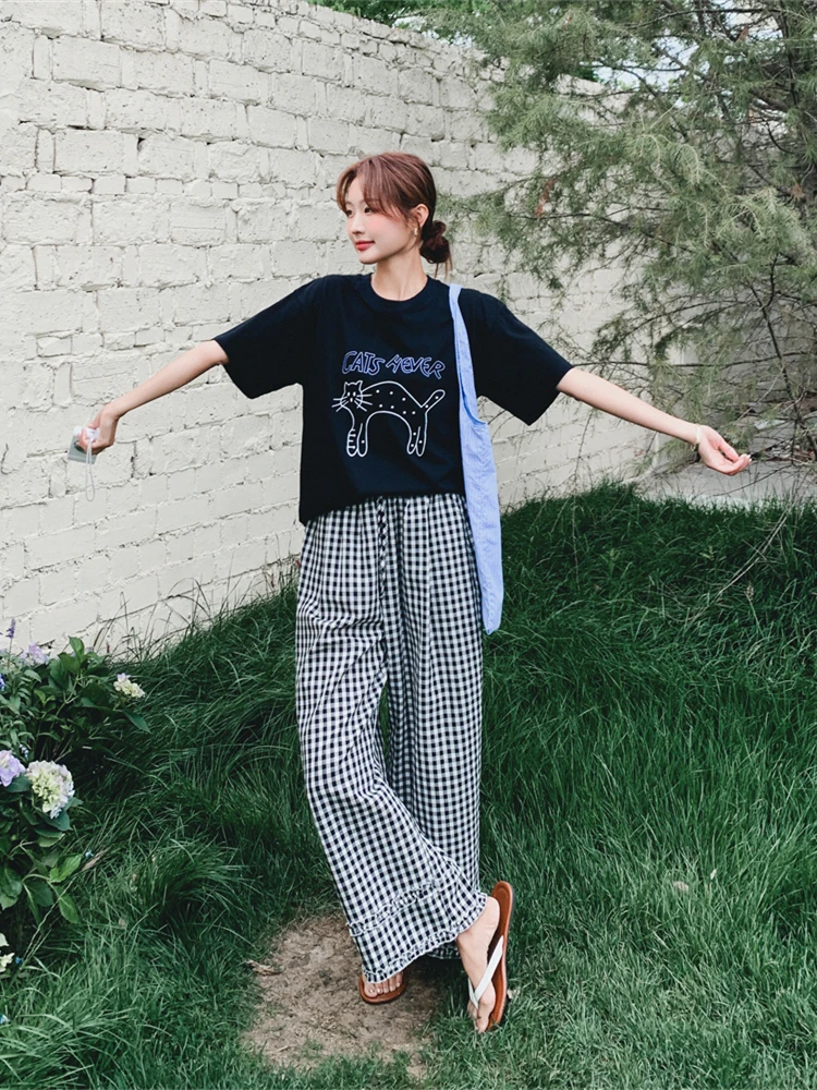 

Повседневный комплект спортивных клетчатых широких брюк, женский летний милый костюм из двух предметов, футболка, длинные брюки ort Sve round Ne