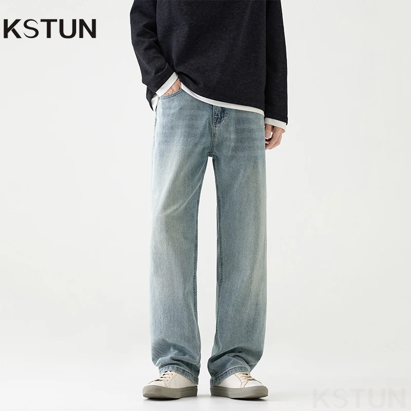 KSTUN Light Blue Jeans Stretch Men's Loose Straight Jeans Male Denim Pants Spring and Autumn Full Length Trousers High Quality