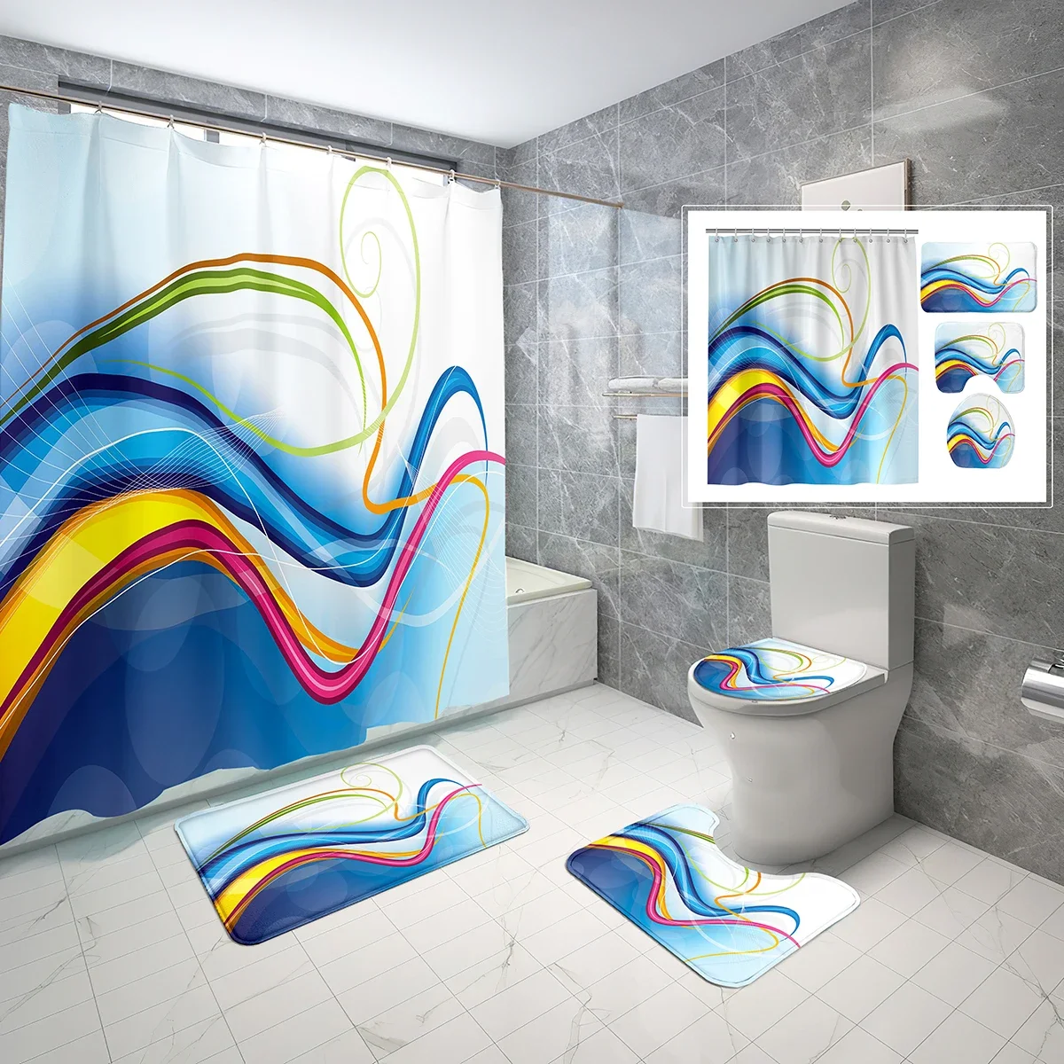 4 PCS Swirls Shower Curtain Sets,Colourful Flowing Line Pattern Waterproof Bath Curtain,Non-Slip Bath Mat Toilet Cover Set