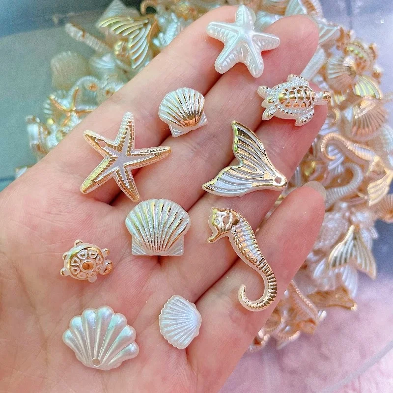 30 Marine Series Bead Bracelets: Resin-Style Shells, Conches, Seahorses, Five-Pointed Stars with Holes, DIY Made