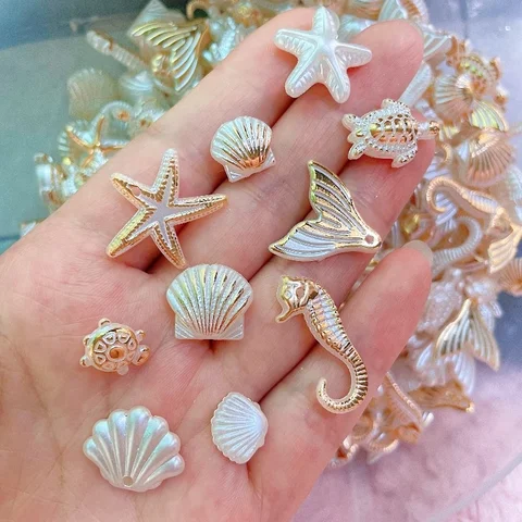 30 Marine Series Bead Bracelets: Resin-Style Shells, Conches, Seahorses, Five-Pointed Stars with Holes, DIY Made