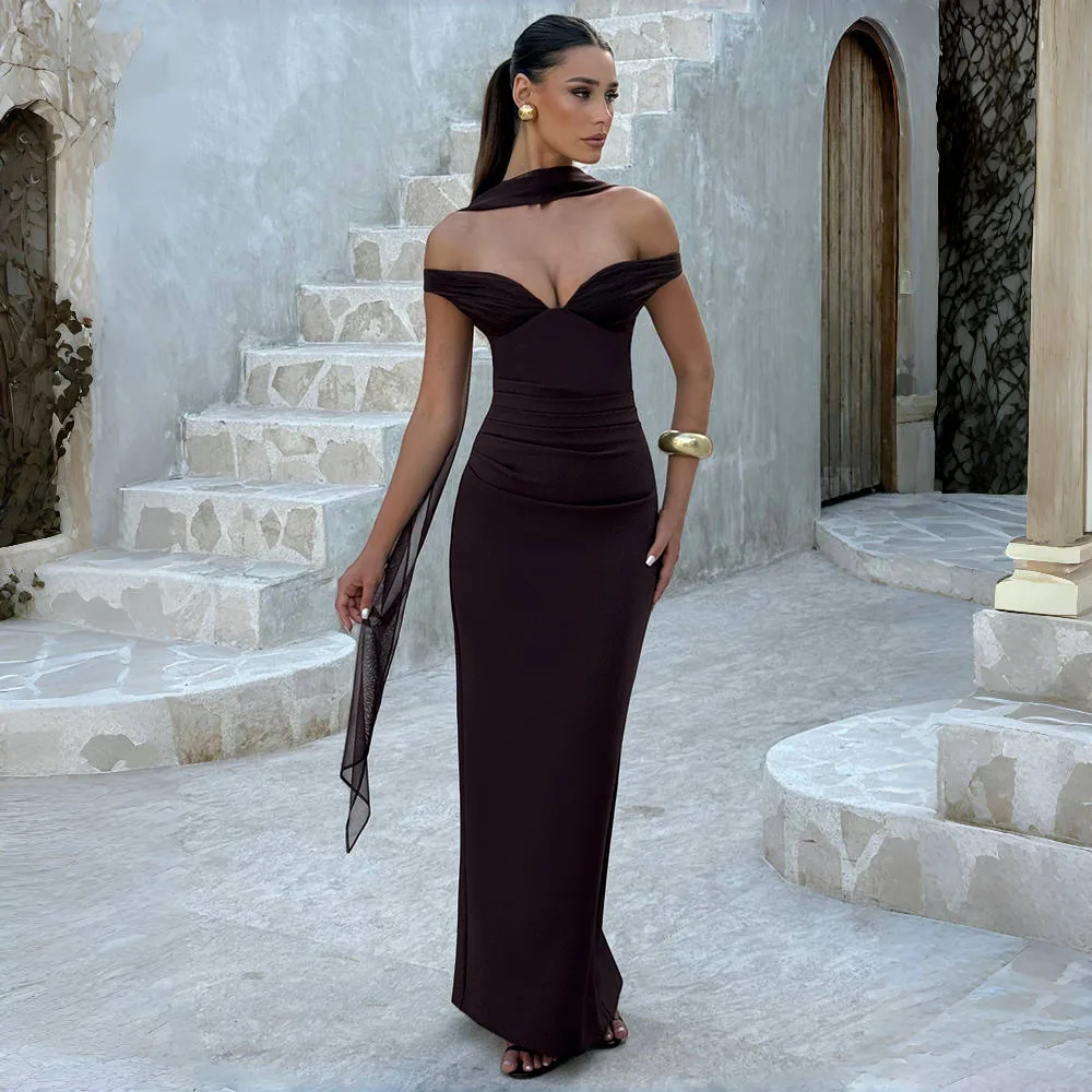 Apprabant Abito lungo da donna con scollo a V sexy con spalle scoperte Sciarpa in rete Nastro senza schienale Cut-Out Slim aderente Abito diviso Partywear