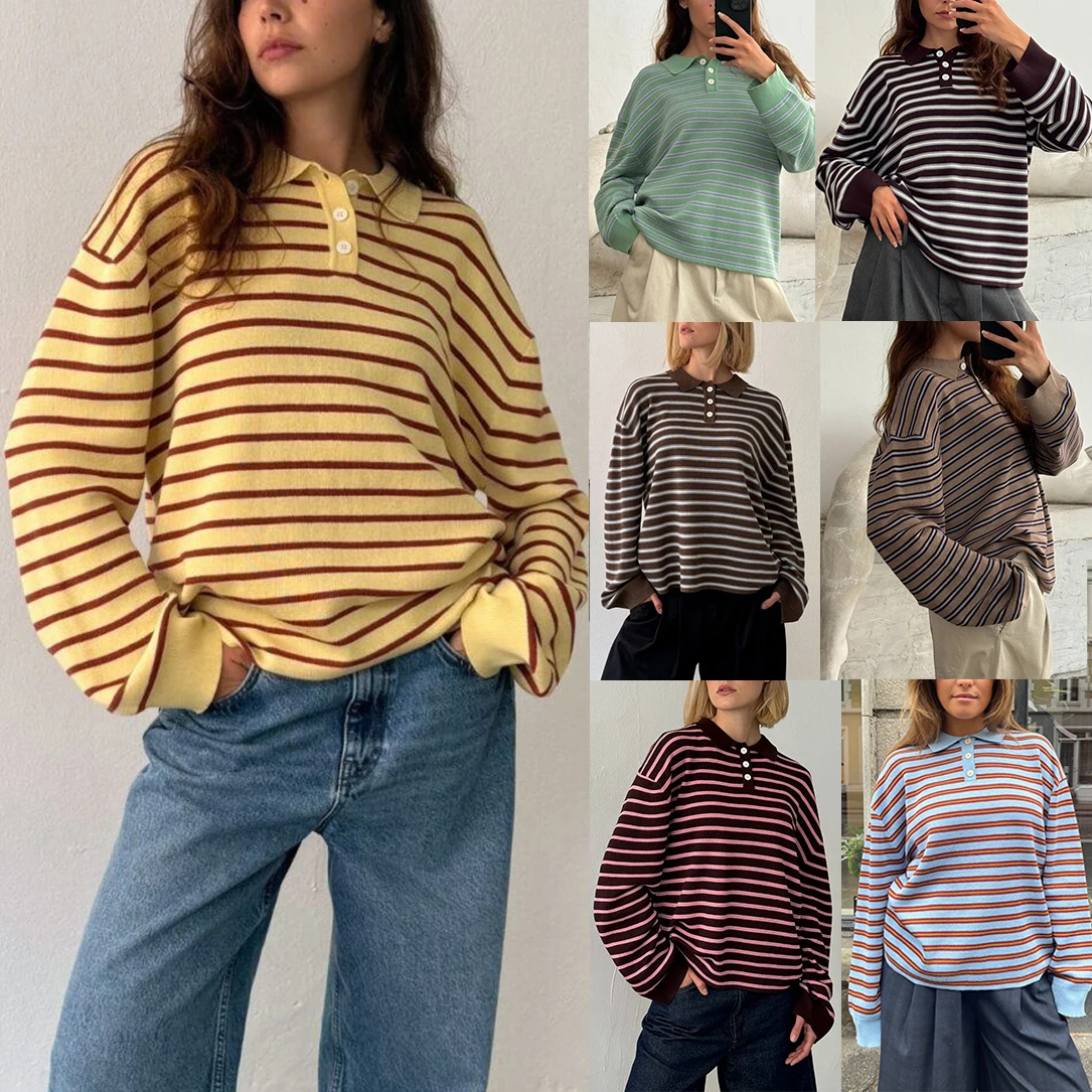 Combhasaki Donna Y2K Maglione vintage a righe con bottoni a contrasto e collo con risvolto, vestibilità ampia, casual, a maniche lunghe, pullover in maglia