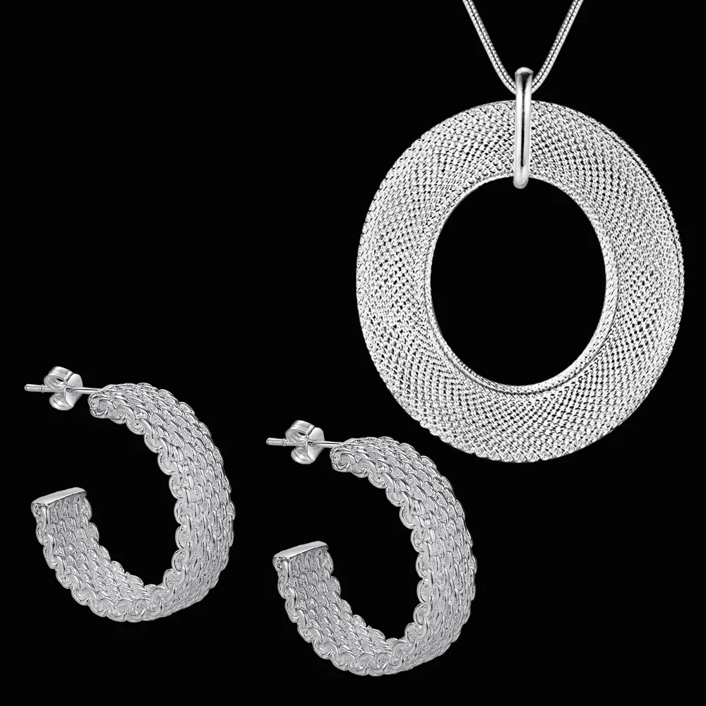 

Hot Street Trend 925 Sterling Silver Fine Mesh Circle Pendant Necklace Stud Earrings for Woman Fashion Party Wedding Jewelry Set