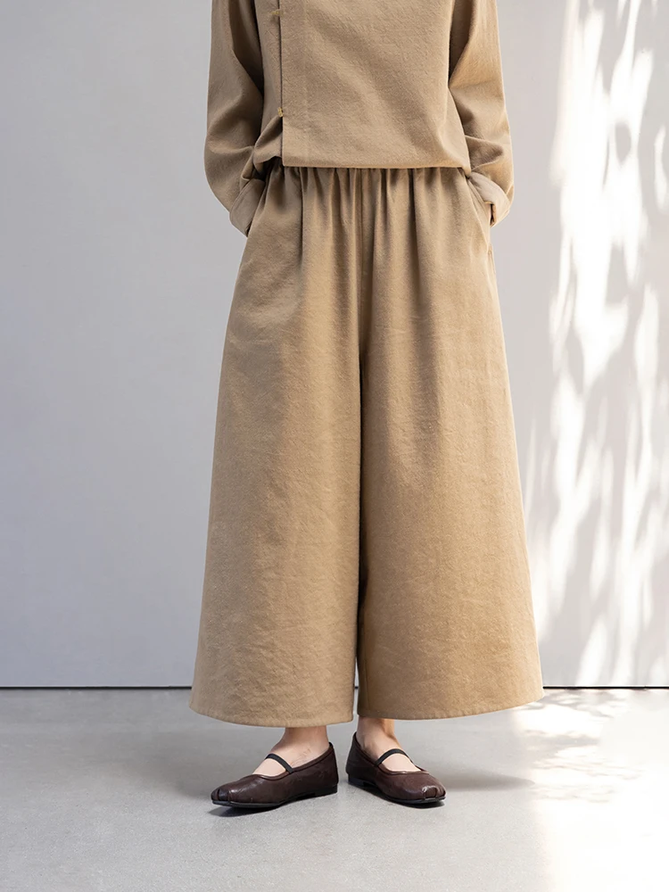 

New Le Collection Mixed Wool Linen Elastic Waist Straight Leg Pants Autumn Winter Trousers Stand up Faion Casual Pants