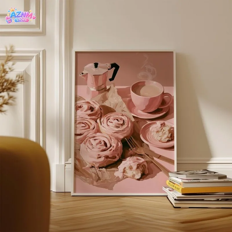 2026 Pink Coffee and Bakery Dessert Poster Cinnamon Roll Donut Cake Canvas Painting Romantic Wall Art Cafe Shop Kitchen Home