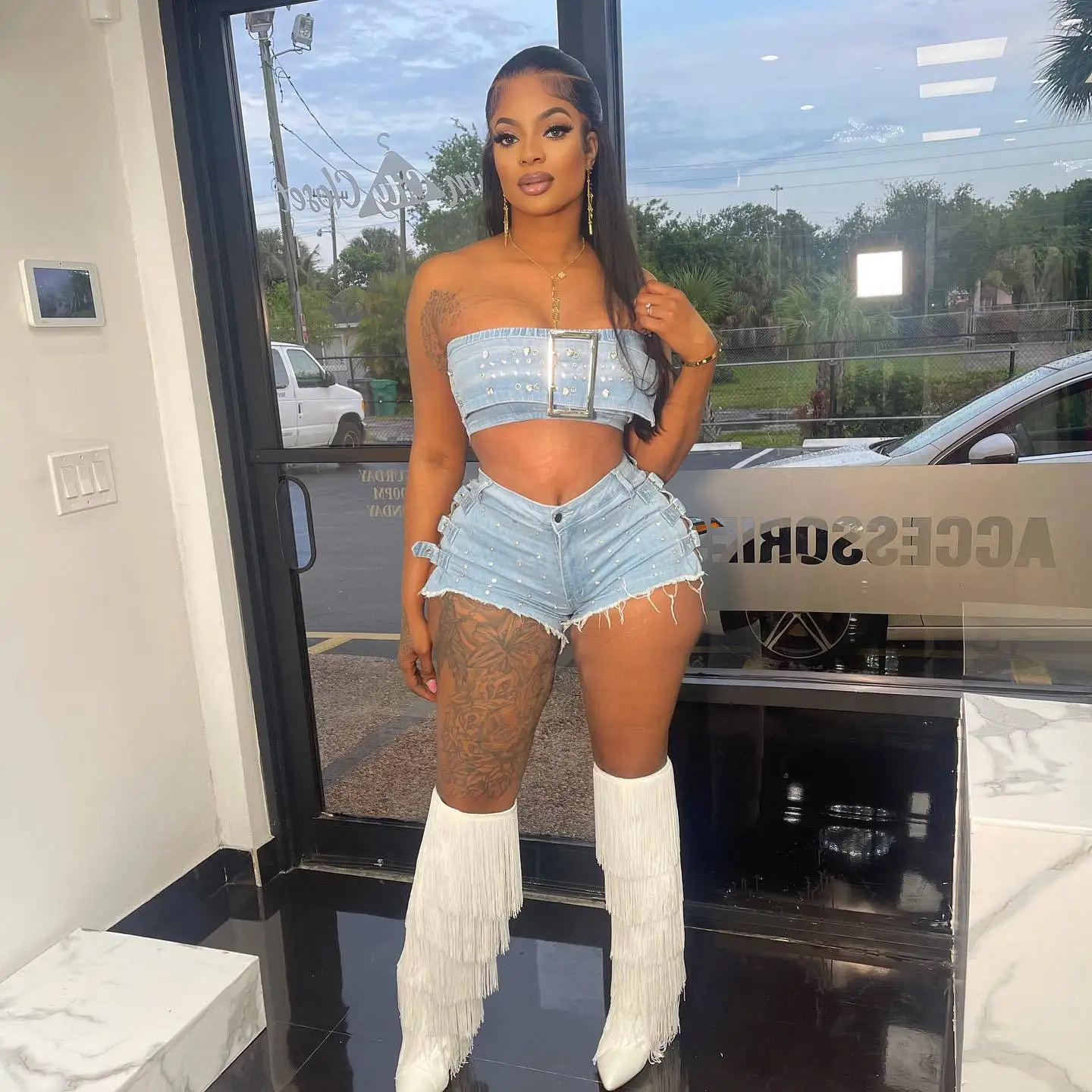 Jeans Shorts Suit Women Sexy Strapless Top Short Pants Denims 2 Piece Sets Diamonds Washed Vintage Outfits Summer Ensemble