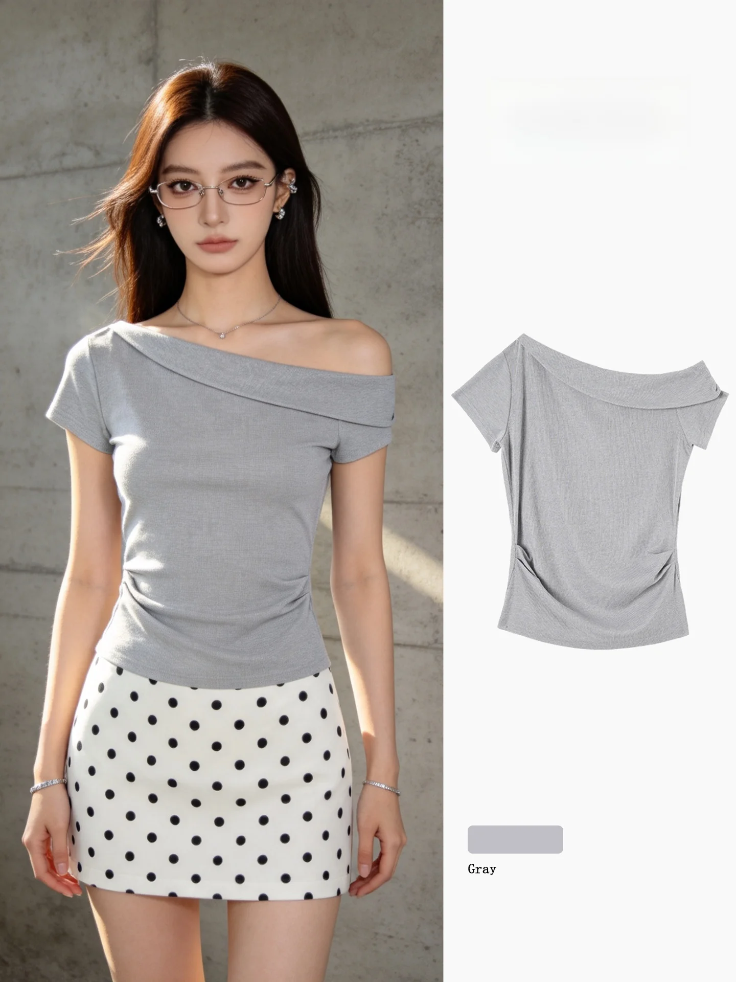 

Slim Fit Short Sleeve T-Shirt Women's One Shoulder Folded Hem High Waist Line Body Shaping Top Cotton Lyocell Spandex Blend
