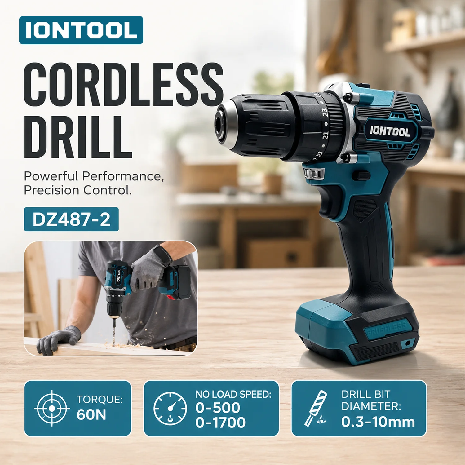 IONTOOL 60N 10mm Cordless Drill 2-Speed Electric Drill for Curtain Rod Installation Blind Mounting and Home Renovation Tasks