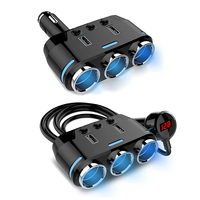 12V-24V Car Cigarette Lighter Socket Splitter Plug LED USB Charger Plug Adapter Port 3 Way Car Charger With Extension Cable