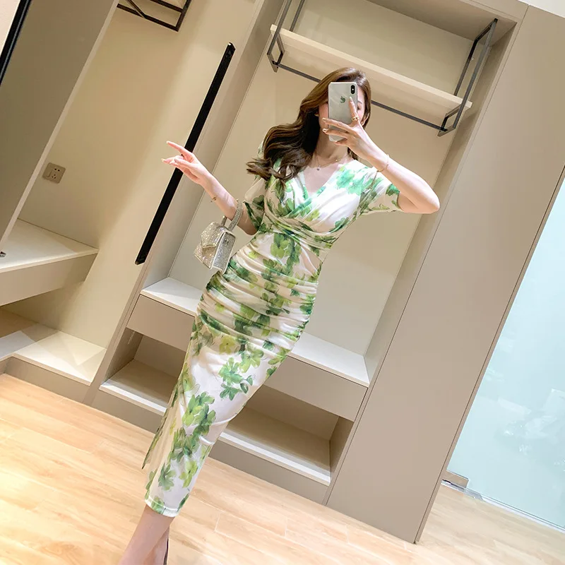 2023 Summer Fashion Formal Dress White Green Print Short Sleeve Pleated Slit Dress Elegant Slim Bodycon Office Lady Dress