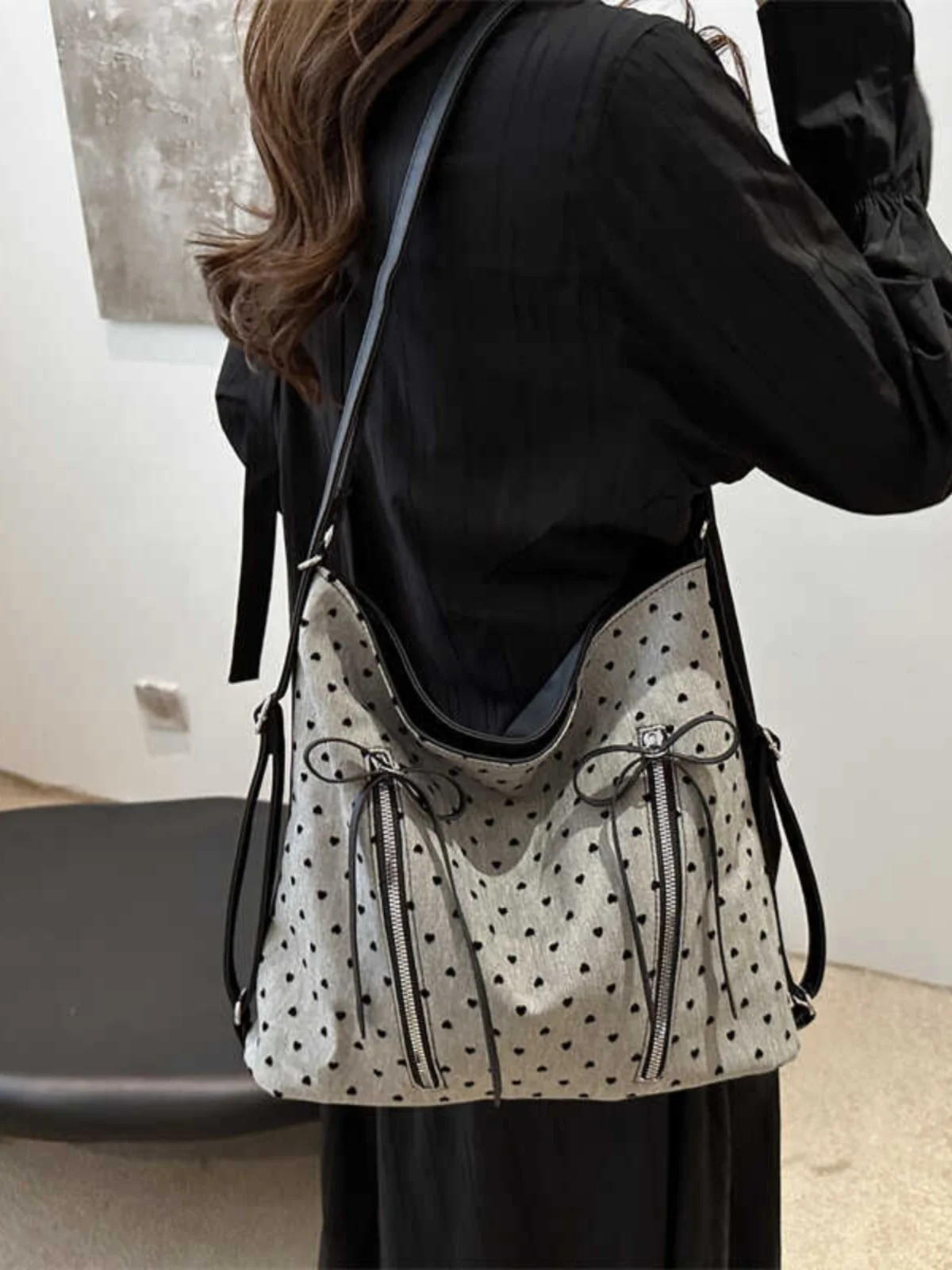 

Casual Commuter Large Capaci Women's Double oulder Bag 2024 New Polka Dot College Sle Bapa Single oulder Tote Bag