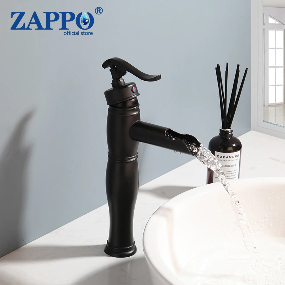 

ZAPPO Matte Black Bathroom Basin Sink Faucet Single Handle Waterfall Faucets Deck Mounted Hot Cold Water Mixer Tap