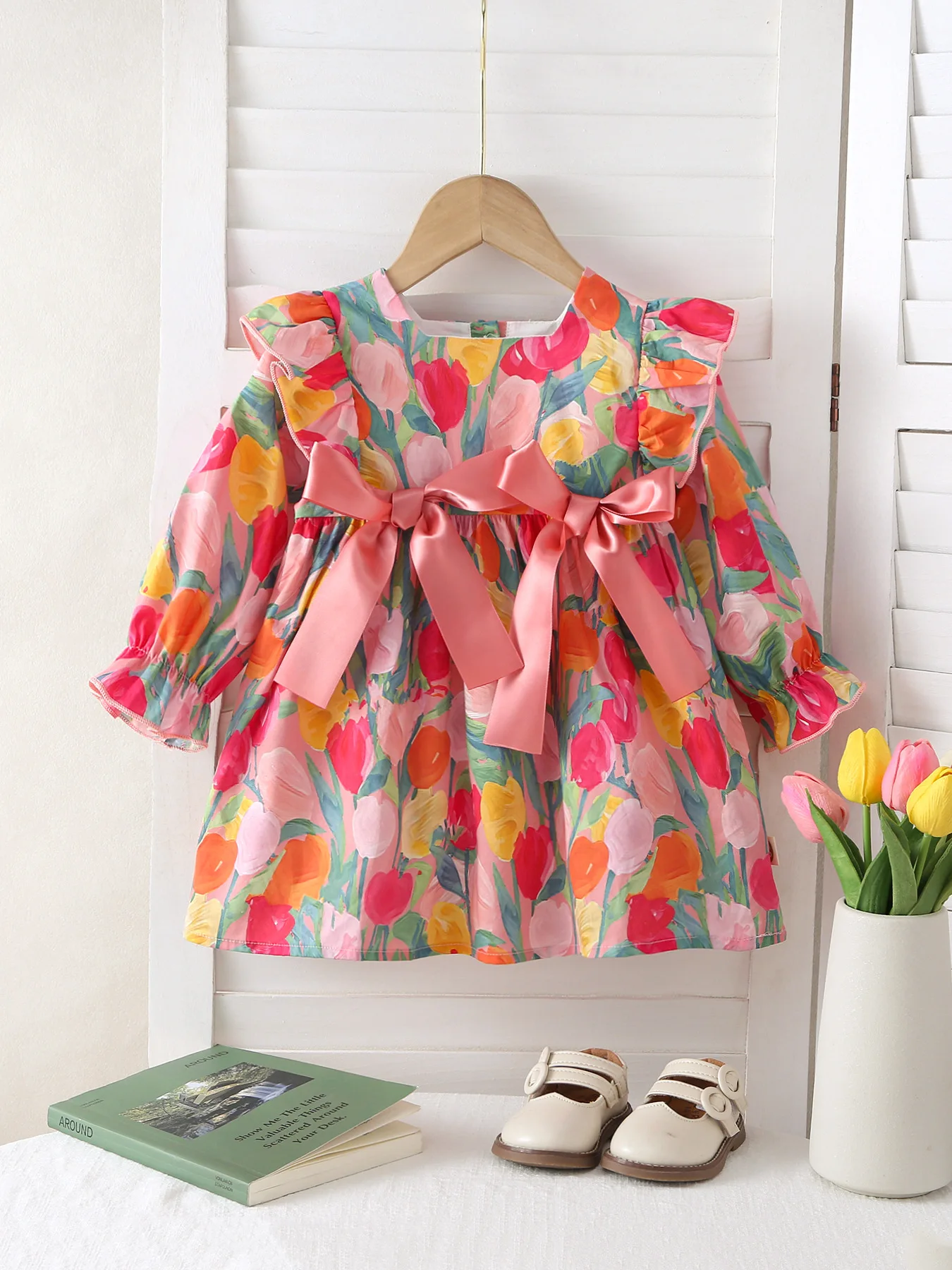 

Autumn 1-4 Y Kids Girls Clothes Fashion Girls A Line Dresses Ribbon Bow Tulip Baby Girls Clothing
