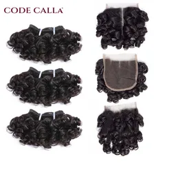 Indian Short Bouncy Curly Hair Bundles with Closure Remy Human Hair Extensions Code Calla 4x4 Lace Closure Middle Part