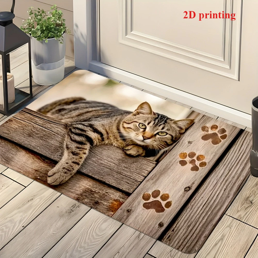 3D Visual Kitten Wooden Doormat Lovely Tabby Cats Ripped Timber Style Washable Floor Rug for Cat Lover Indoor Living Space Decor