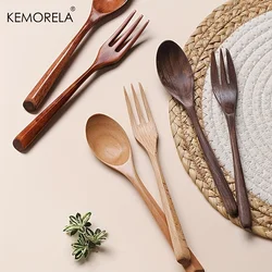 KEMORELA 2PCS Wooden Fork Spoon Set Of Korean Ins Tableware Ice Cream Spoons Dessert Spoon Fruit Fork Japanese -Style Rice Spoon